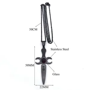 Collar colgante espada diosa triple luna de acero inoxidable con cristal rojo