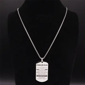 Collier plaque d'identité en acier argenté avec texte espagnol sur buste noir