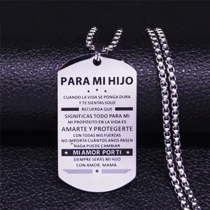 Collier plaque militaire en acier poli avec message inspirant en espagnol pour son fils