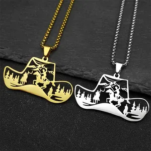 Western Cowboy Hat Hollow Pendant Necklace Stainless Steel Laser Cut Rider Scene Retro Jewelry Gift For Men Women Box Chain