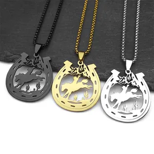 Vintage Stainless Steel Horseshoe Cowboy Pendant Necklace For Men Women Retro Western Style Box Chain Jewelry Gift