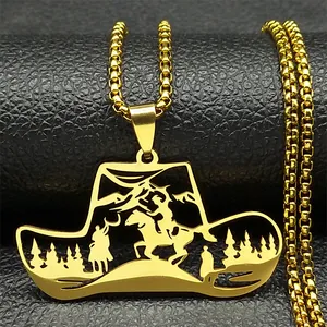 Hollow-out gold cowboy hat pendant necklace featuring western silhouette with box chain
