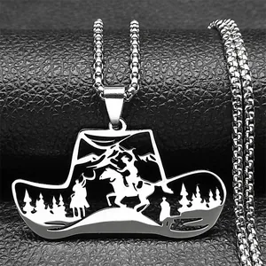 Silver stainless steel western cowboy hat necklace with hollow riding silhouette design