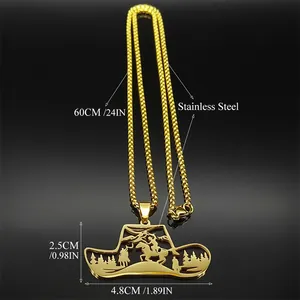 Gold stainless steel cowboy hat necklace with hollow horse and mountain rider scene