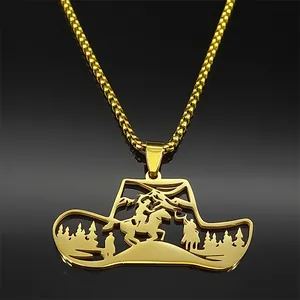 Golden cowboy hat pendant necklace with hollow western scene and durable box chain
