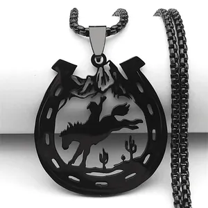 Fashionable black stainless steel horseshoe necklace featuring a cowboy riding silhouette