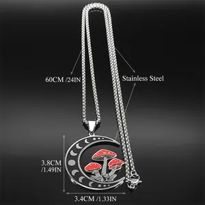 Stainless steel moon necklace with a red mushroom pendant on a 60cm box chain
