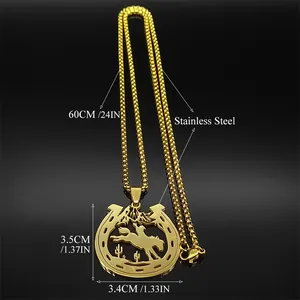Golden stainless steel necklace featuring a cowboy riding inside a horseshoe pendant