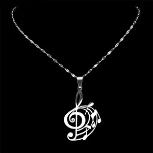 Polished silver musical G-clef pendant necklace with small notes on a sleek metal chain