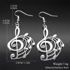 Polished stainless steel treble clef earrings with measurements 4.2cm x 2.9cm
