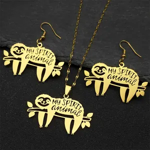 Stainless Steel Sleeping Sloth Pendant Necklace Earrings Set My Spirit Animal Lettering Retro Animal Jewelry For Women Men Unisex Gift