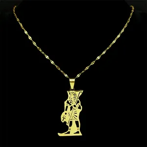 Golden stainless steel Egyptian Pharaoh pendant necklace with hollowed-out carving detail