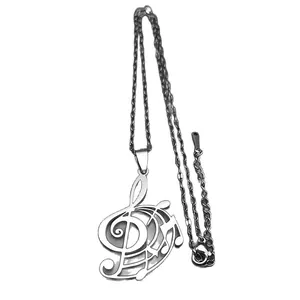 Polished silver musical note necklace featuring treble clef and staff pendant for music lovers