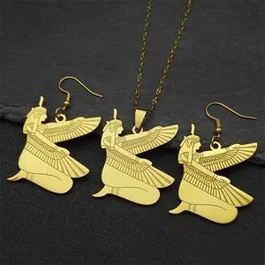 Vintage Stainless Steel Egyptian Isis Goddess Winged Pendant Necklace And Earrings Set For Women Men Ethnic Jewelry