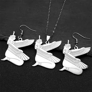 Detailed close-up of silver Egyptian Isis goddess necklace and matching wing earrings set