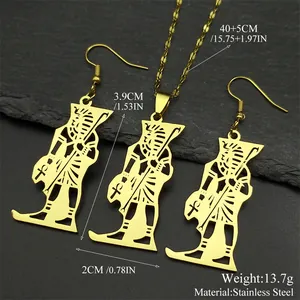 Golden stainless steel Egyptian Pharaoh jewelry set with hollowed necklace and earrings