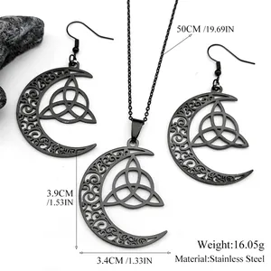 Schwarzes Edelstahl Celtic Trinity Mond Halsketten und Ohrring Set für Herren und Damen