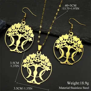 Conjunto de joyas árbol de la vida dorado con colgante de luna estrella y collar
