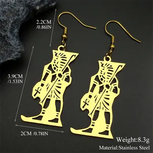 Detailed view of Egyptian Pharaoh golden drop earrings in stainless steel with dimensions