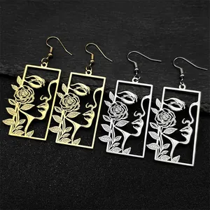 Boucles d'oreilles portrait rose ajourées en acier inoxydable or et argent géométriques