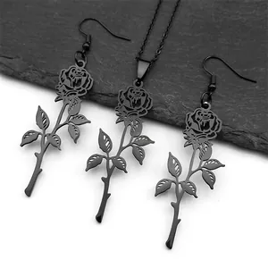 Collana E Orecchini A Forma Di Rosa In Acciaio Inossidabile Ciondolo Gotico Hiphop Svuotato Per Uomo Donna Gioielli Punk