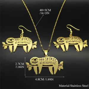 Gold stainless steel sloth necklace and earrings set with MY SPIRIT animal engraving