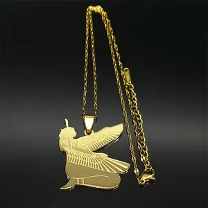 Detail shot of golden Egyptian Isis goddess pendant on a thick stainless steel twist chain