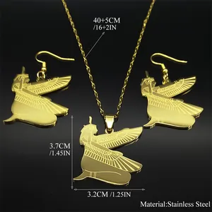 Golden stainless steel Egyptian Isis goddess necklace and earrings jewelry set for women