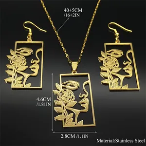 Parure de bijoux en acier inoxydable doré avec pendentif portrait rose et boucles d'oreilles