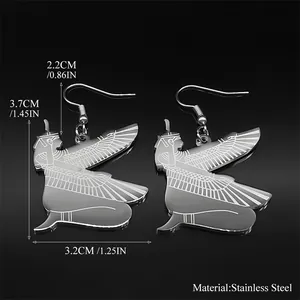 Detailed view of stainless steel Goddess Isis wings earrings with precise size dimensions