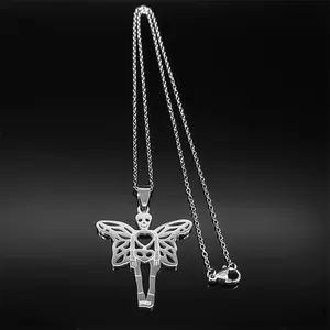 Detail shot of gothic stainless steel skeleton butterfly pendant with intricate hollow wings