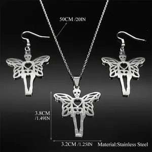 Gothic stainless steel jewelry set with skeleton butterfly wings necklace and earrings