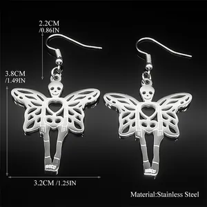 Detailed size measurement of stainless steel skeleton wing heart earrings with silver finish