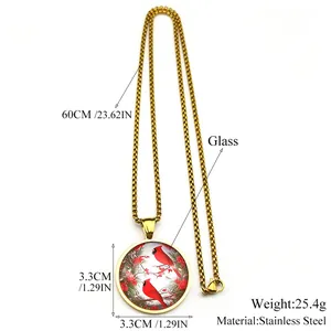 Red cardinal bird glass pendant necklace in stainless steel with 60cm chain length
