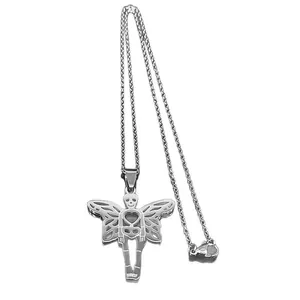 Silver stainless steel necklace featuring a hollow heart skull wing butterfly pendant