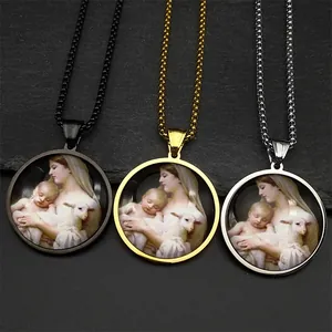 Vintage Stainless Steel Religious Pendant Necklace Virgin Mary Baby Jesus Painting Round Time Gem Box Chain Jewelry For Unisex
