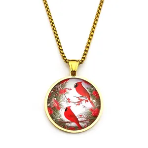 Fashion alloy round pendant necklace featuring red cardinal birds on a golden box chain