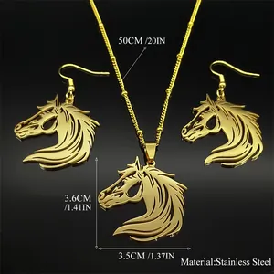 Schmuckset aus goldenem Edelstahl mit Pferdekopfanhinger und Ohrringen für Damen