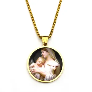 Religious pendant necklace featuring Virgin Mary and child painting on golden box chain