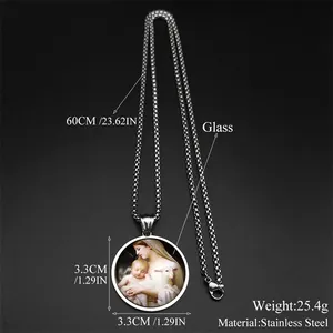 Religious art glass dome pendant on stainless steel box chain with size measurements