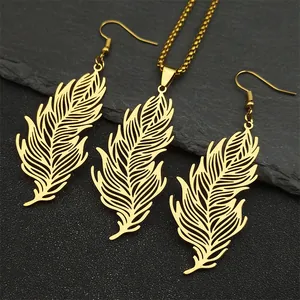 Vintage Stainless Steel Hollow Feather Necklace And Earring Jewelry For Women Men Gold Silver Black Metal Leaf Pendant Necklace And Earring Hooks Fashion Jewelry