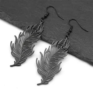 Gothic style matte black feather drop earrings with hollow metal leaf design