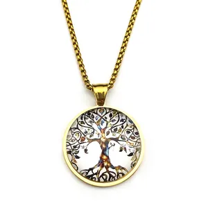 Golden stainless steel box chain necklace with a colorful Tree of Life glass pendant