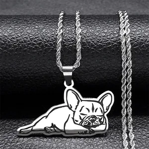 Stainless Steel French Bulldog Pendant Necklace Minimalist Sleeping Dog Silver Color Rope Chain Jewelry For Pet Lovers Unisex
