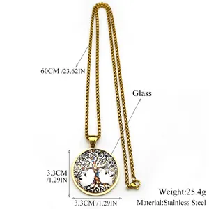 Golden Tree of Life stainless steel necklace with 3.3cm glass pendant on 60cm chain