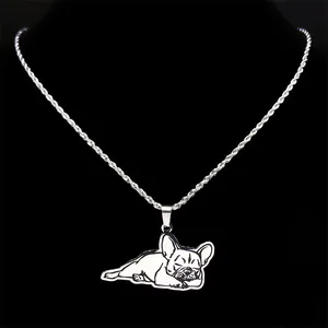 Silver French Bulldog pendant necklace with detailed black engravings on a rope chain