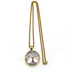 Detailed close-up of golden Tree of Life pendant with intricate colorful tree design