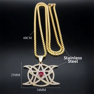 Collier déesse triple lune avec pierre rouge et pendentif pentagramme en acier