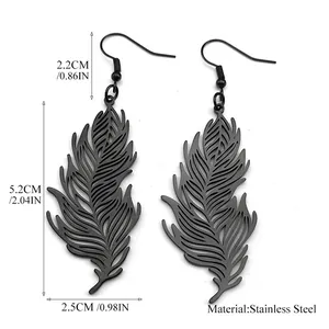 Fashionable black stainless steel feather leaf earrings with intricate hollow-out design