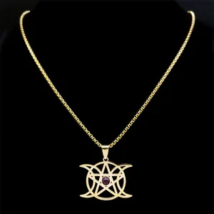 Collier déesse triple lune en acier doré avec pierre rouge et pendentif pentagramme